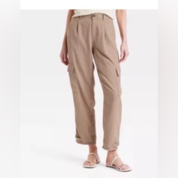 A New Day Linen Blend Cargo Pants Straight Leg Adjustable Ankle Size 14 Brown - Picture 13 of 15